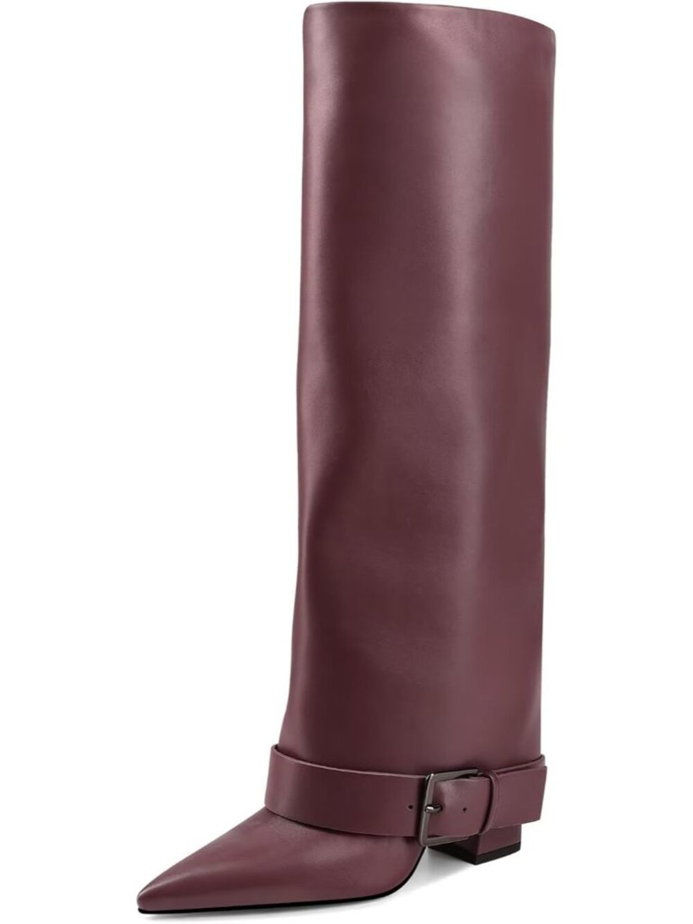 Women's Burgundy Fold Over Chunky High Heel Wide Calf Pointed Toe Buckle Boots